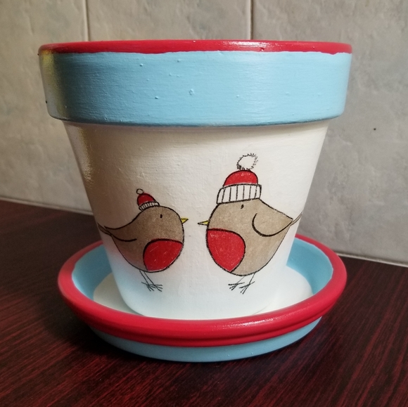 Hand Painted Decoupaged Red, White & Light Blue 6" Flower Pot, Matching Saucer - Picture 2 of 7